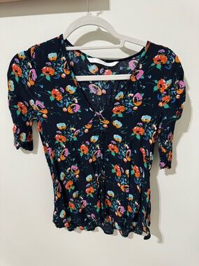 Floral V-Neck Women’s Top in Black with Multicolor Print